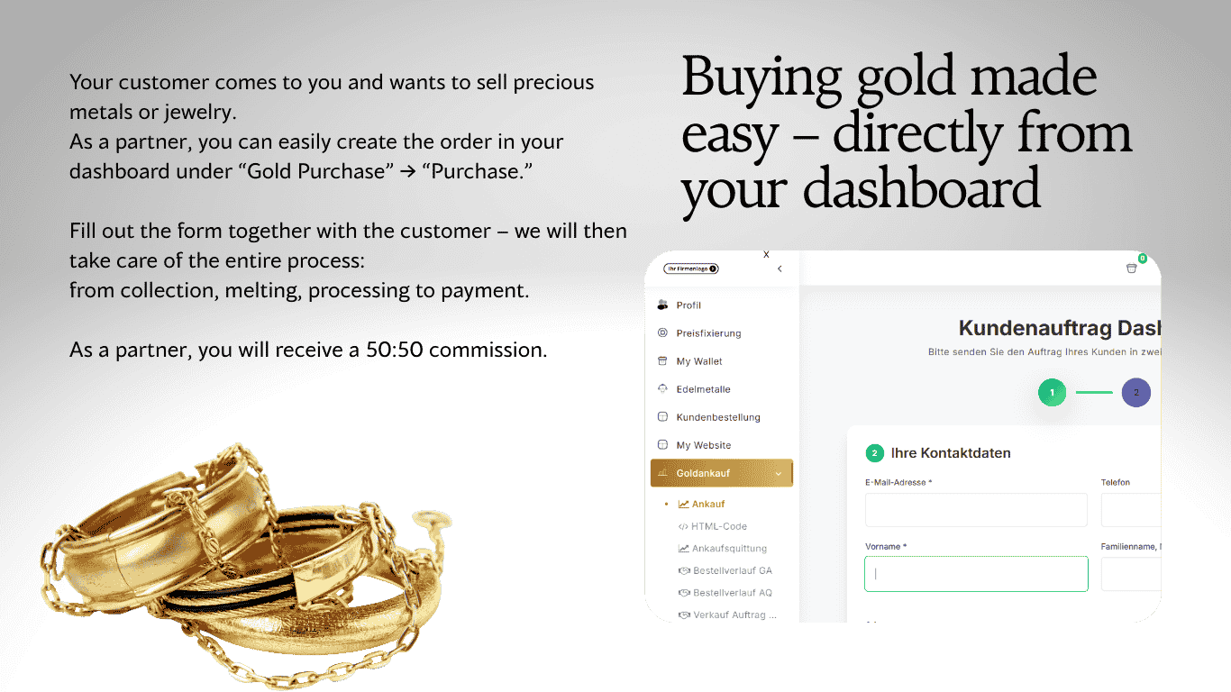 Gold Purchasing Made Easy – Directly via Your Dashboard, 50:50 Commission