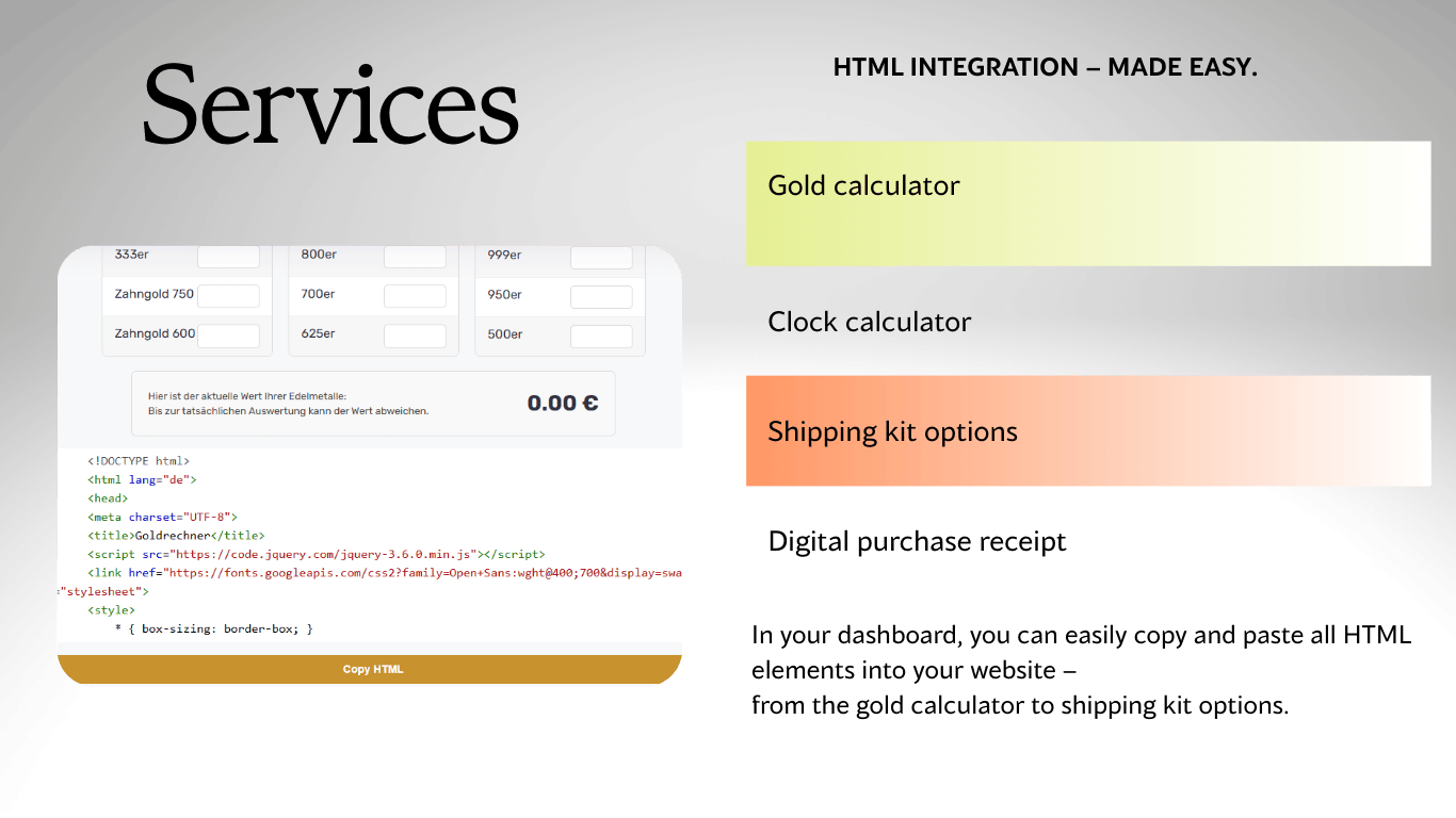 Services – HTML Integration: Gold Calculator, Watch Calculator, Shipping Kit Options, Digital Purchase Receipt
