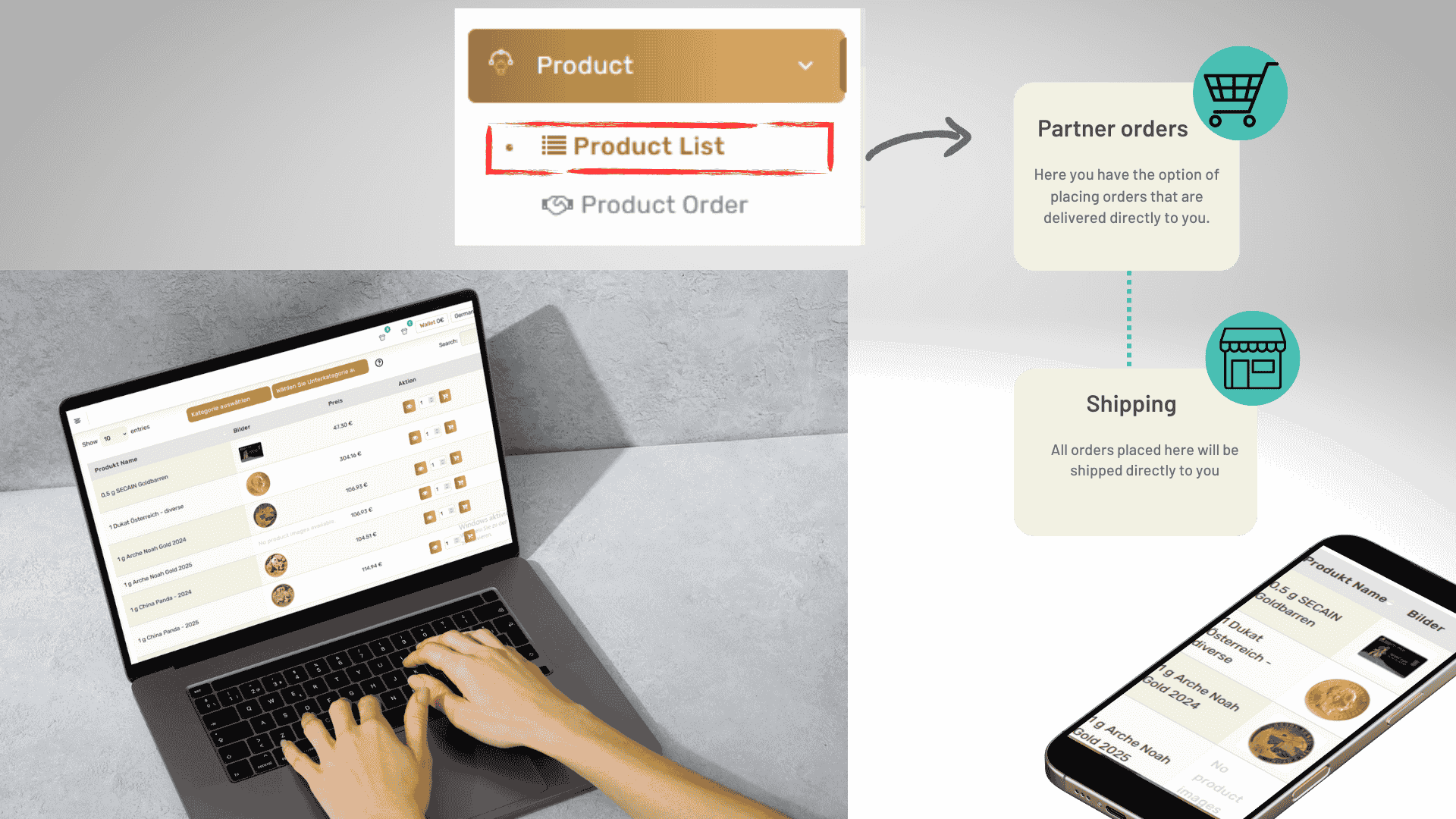 Dealer Purchasing – Dashboard, GoldSilberShop, Partner Orders, Shipping