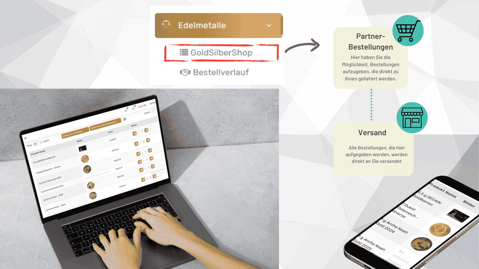 Händlereinkauf – Dashboard, GoldSilberShop, Partner-Bestellungen, Versand