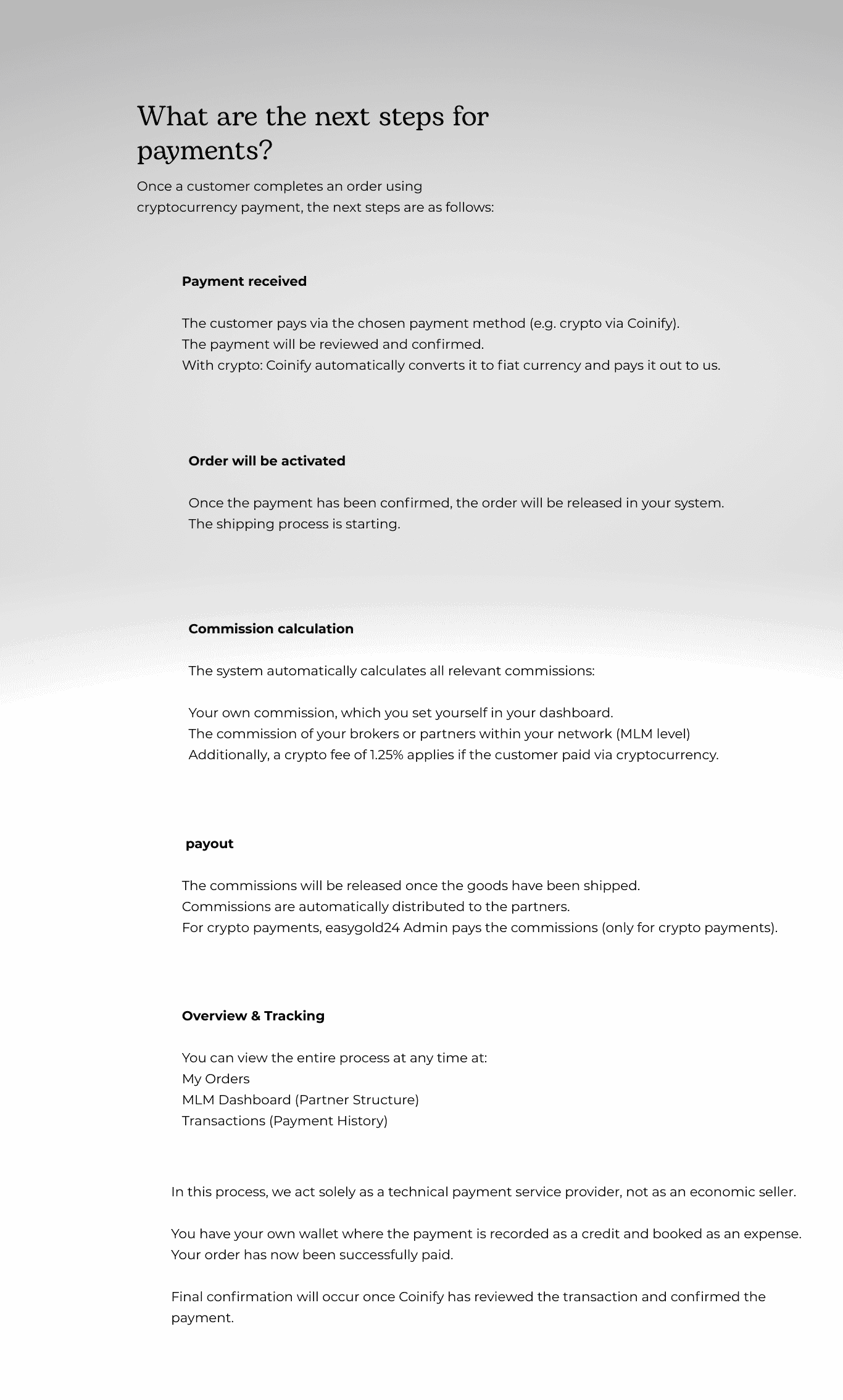 Further Steps for Payments