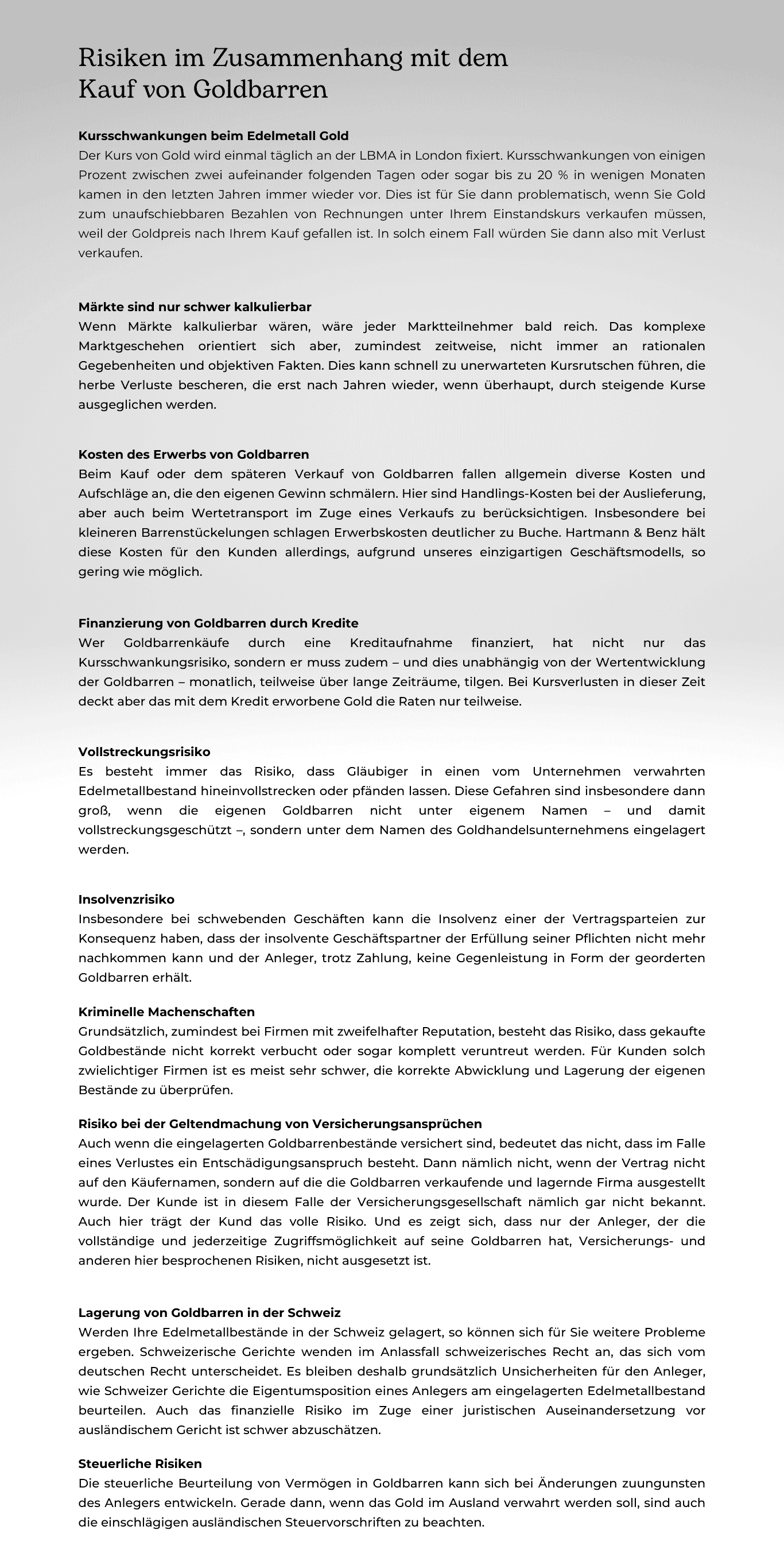 Risiken im Zusammenhang mit dem Kauf von Goldbarren